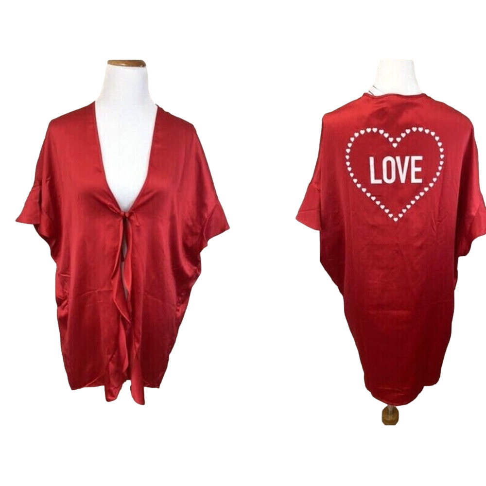 Victoria Secret’s New One Size Red Love Heart Satin Ruffle‎ Flounce Kimono Robe